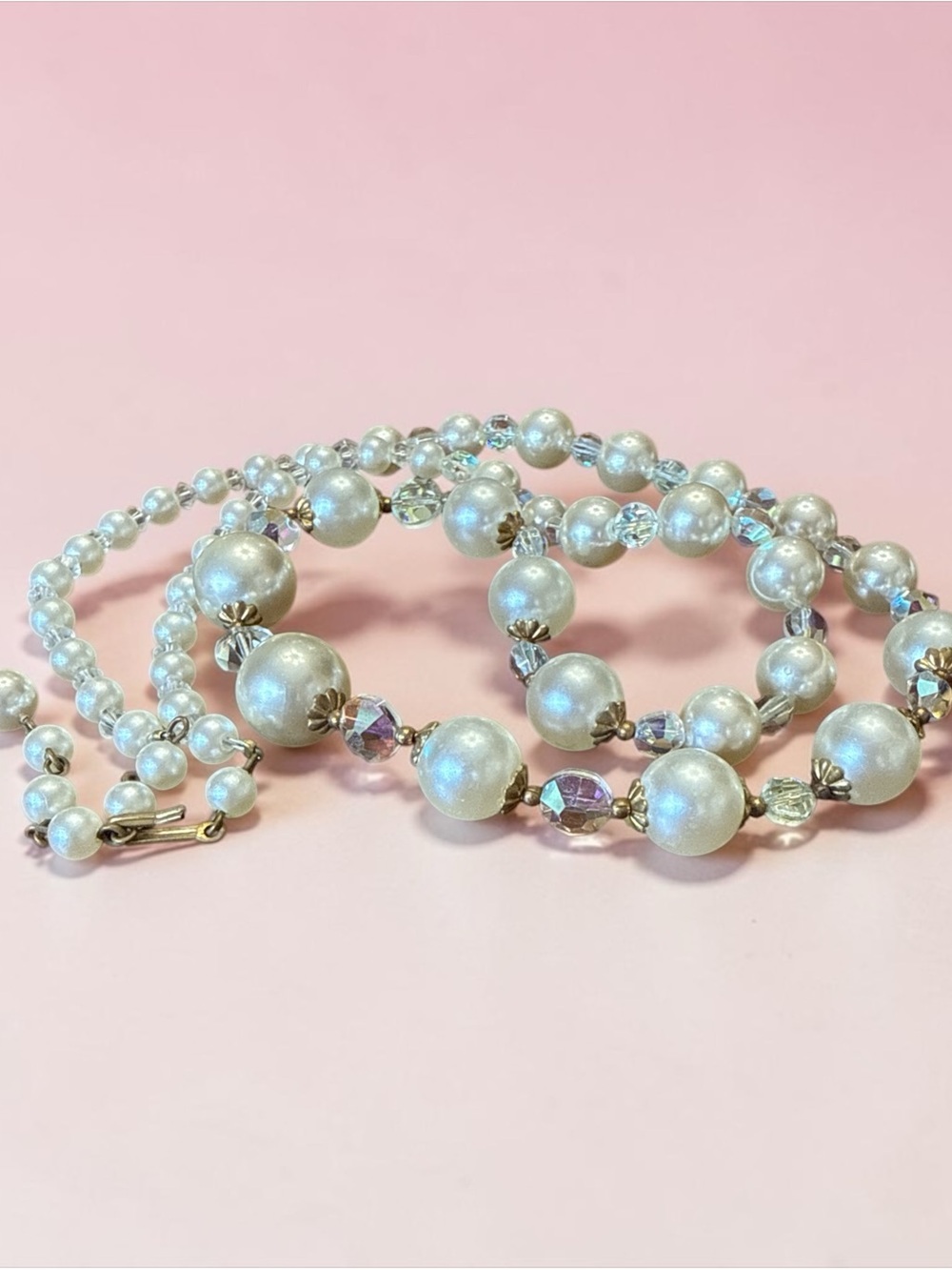Vintage 1950s Single Strand Pearl Crystal Bead Necklace Ivory AB Long